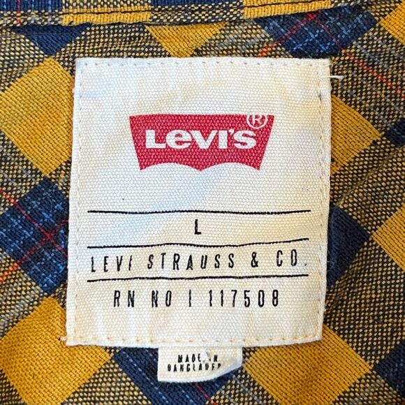 Levi's Navy Yellow Buffalo Check Plaid Button Front Shirt Men's Large Cotton - Picture 4 of 7